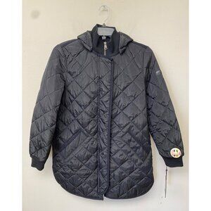 Dkny Womens Black Front Zipper Long Sleeve Cuff Collared Hooded Quilted Coat NWT